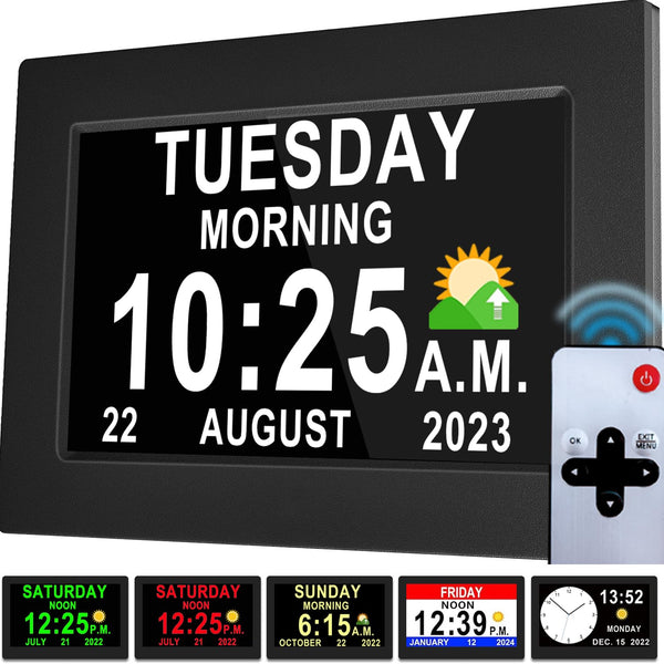 Véfaîî Newest,Dementia Clock 2.0 with Auto DST, 20 Custom Reminders, Day Clock with Sun/Moon icons for Elderly, Sleep Trainer, 7" with Remote & HD Picture Frame