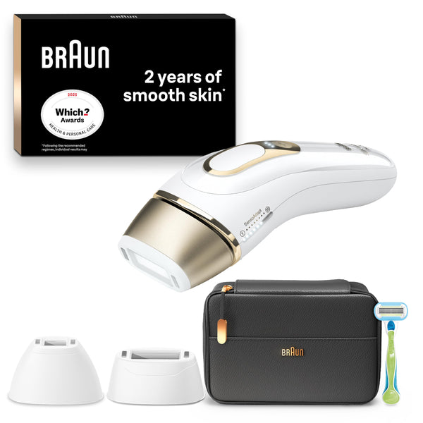 Braun IPL Silk-Expert Pro 5, at Home Hair Removal, Alternative for Laser Hair Removal, Includes Pouch, Venus Razor, Precision Head, 2 Years of Smooth Skin, Gift for Women, White/Gold, PL5137