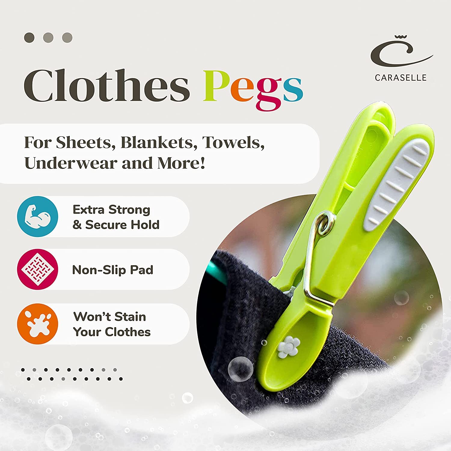 CARASELLE Clothes Pegs for Washing Line Strong - Non Slip Heavy Duty Washing Pegs w/Rubber Pad for Mark Free Secure Grip - Indoor Outdoor Plastic