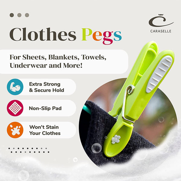 CARASELLE Clothes Pegs for Washing Line Strong - Non Slip Heavy Duty Washing Pegs w/Rubber Pad for Mark Free Secure Grip - Indoor Outdoor Plastic