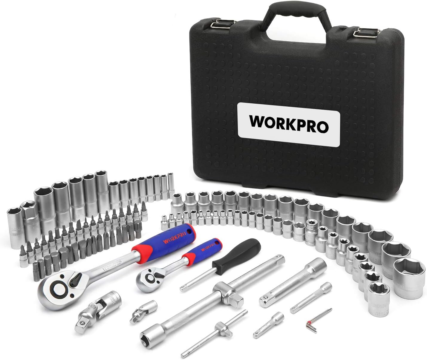 WORKPRO 108-Piece 1/4"&1/2" Drive Socket Set with Bits, Quick Release Ratchet Wrench - CR-V Mechanic Tool Set for DIY, Car Repair
