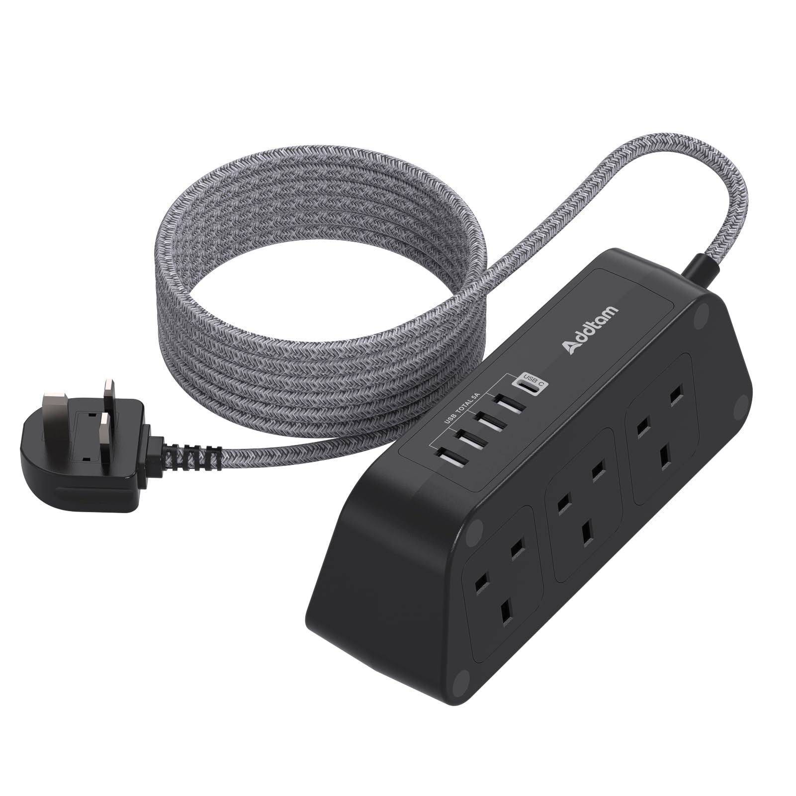 Black Extension Lead with USB Slots，6 Way Outlets 5 USB(5A, 1 USB- C and 4 USB-A Port) with 1.6M Braided Extension cord, 3250W Overload Protection，Security Surge Protection Plug Extension Socket