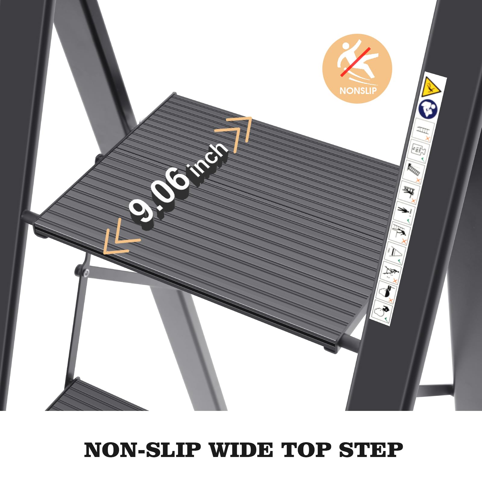 KINGRACK 2 Step Ladder with Handrail, Non-Slip Household Ladder with Folding Safety, Aluminium Folding Step Stool, Maximum Load 150 kg, Black