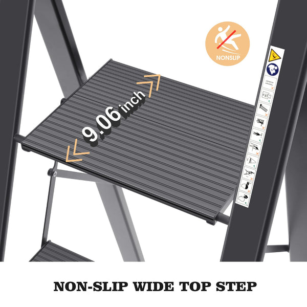 KINGRACK 2 Step Ladder with Handrail, Non-Slip Household Ladder with Folding Safety, Aluminium Folding Step Stool, Maximum Load 150 kg, Black