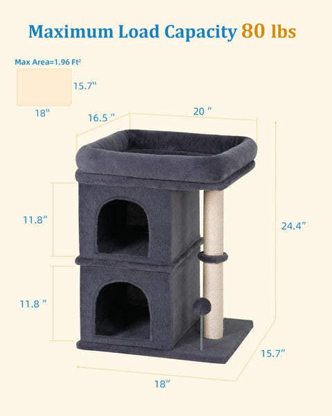 Aechonow 61cm Cat Tree Tower For Large Adult Cats, 48 * 40cm Big Window Perch Bed, 2 Cat Condos House for Indoor Kittens, Natural Sisal Scratching