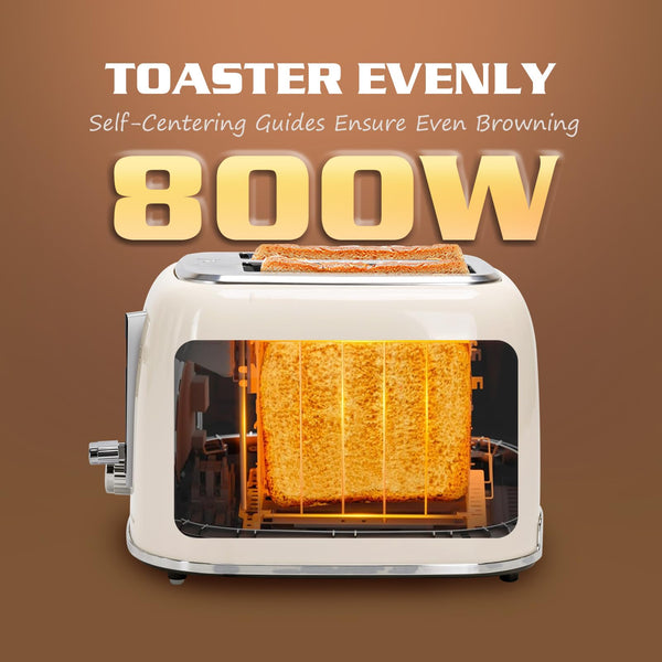 Aigostar Toaster 2 Slice, Retro Wide Slot Stainless Steel Toaster 800W for Toasting Bagels Breads, Defrost Reheat Cancel Functions, 6 Browning