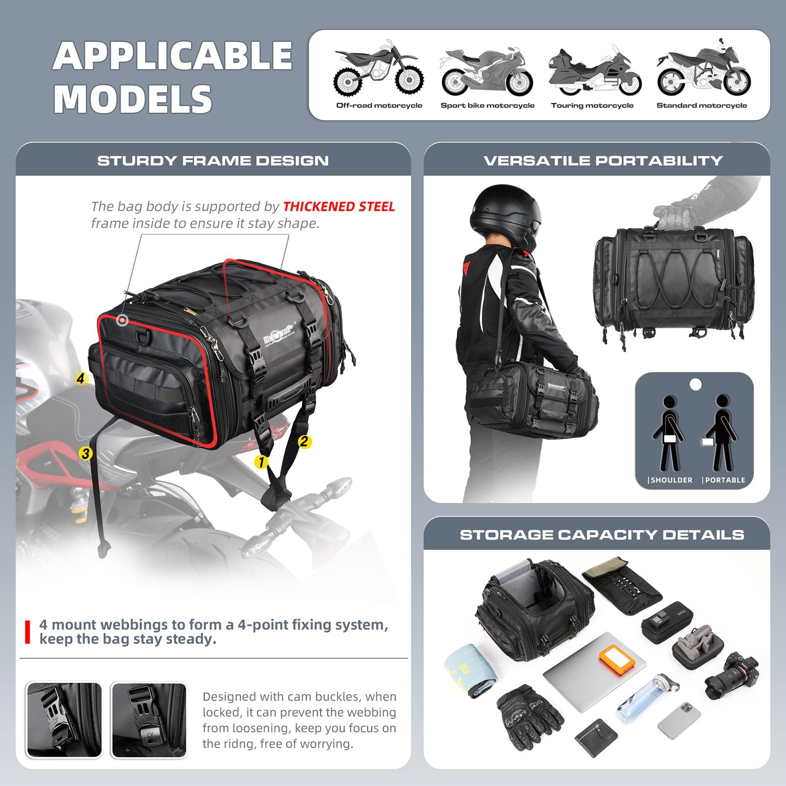 Rhinowalk Motor Pannier Bag Motorcycle Seat Bag Waterproof Travel Luggage Expandable19-26L, Black (MT4026)
