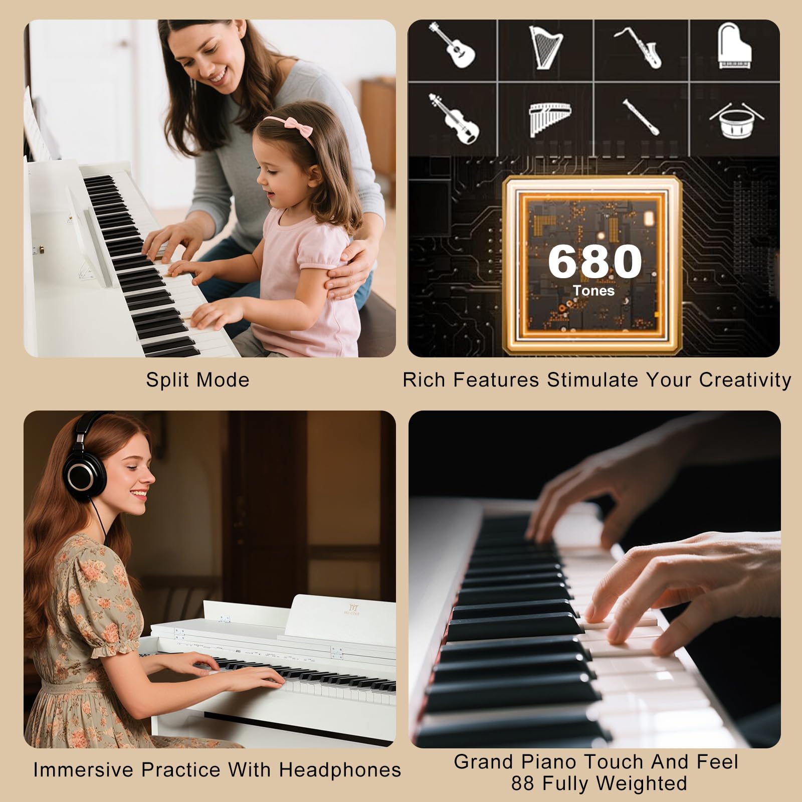 MUSTAR Digital Piano 88 Weighted Keys, Full Size 88 Key Piano Keyboard Semi Weighted, Home Electric Piano with Furniture Stand and Triple Pedal, Music Stand, USB MIDI, White