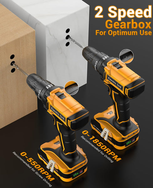 DYJPOW Brushless Cordless Hammer Drill Driver 21V, 2 Batteries 2000mAh, 20+3 Torque, 45N.m Max, 14PCS Drill Bits, 2 Speed, LED Light for Home, Garden DIY