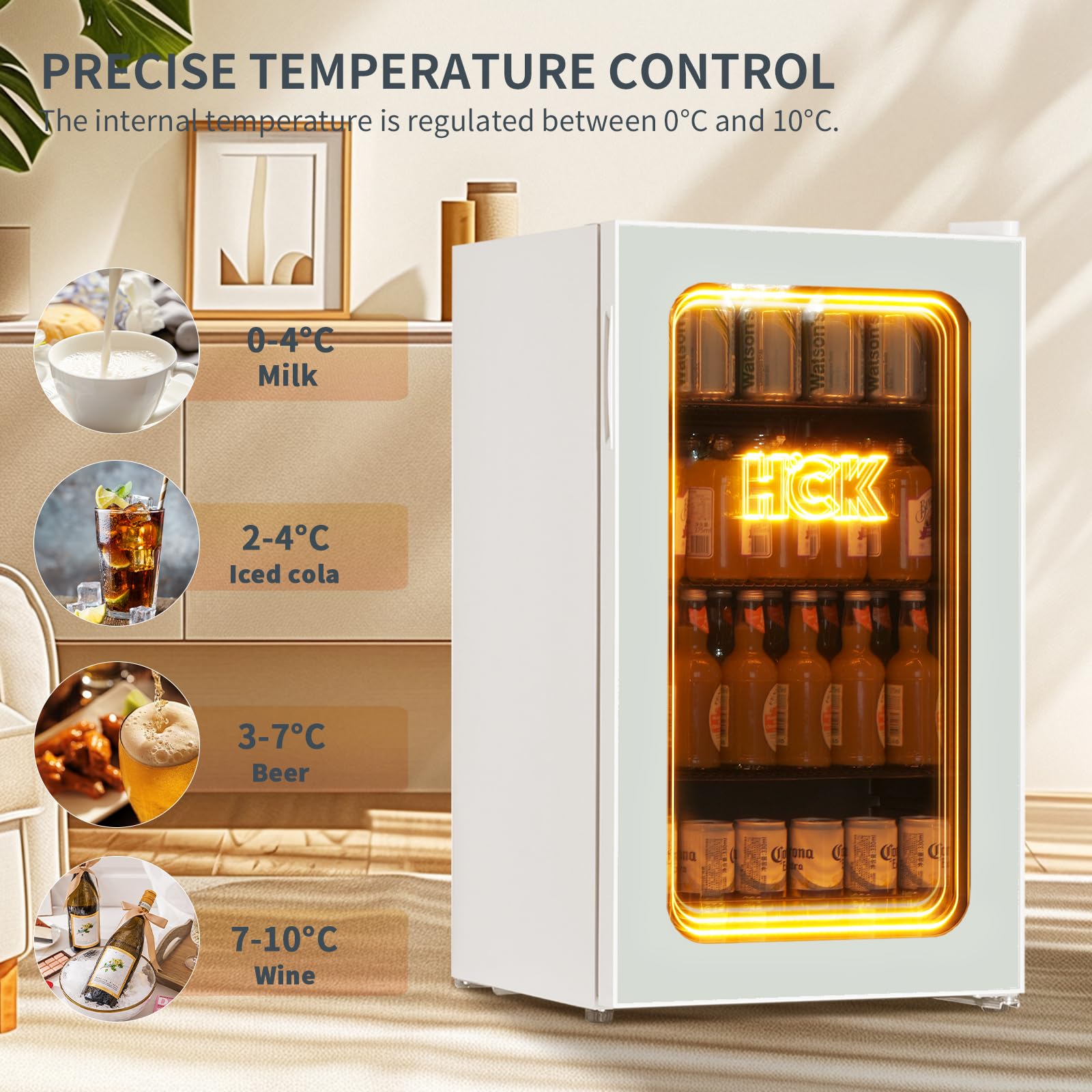 HCK 48L Mini Fridge with Glass Door, 0-15°C Cooling Zone and 2 Shelves, Compact Beverage Refrigerator Cooler for Bar and Living Room