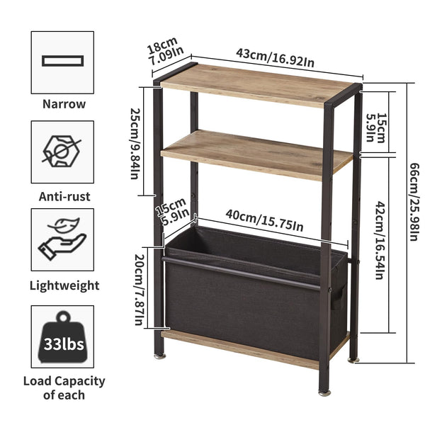 Aibiju Narrow Side Table with Storage Shelf,3-Tier Slim End Table with Fabric Basket,Modern Sofa Table Thin Side Table for Living Room, Bedroom