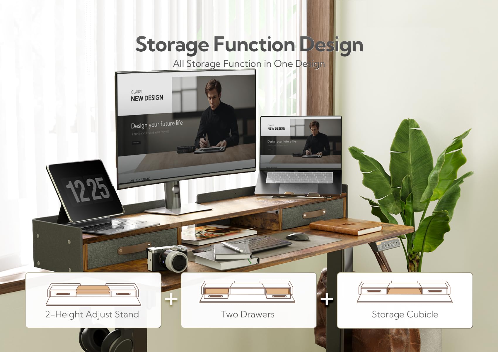 Claiks Electric Standing Desk with Drawers, 120x60cm Height Adjustable Desk with Storage Shelf and Splice Board, Stand Up Desk for Home Office, White Frame/Maple Top