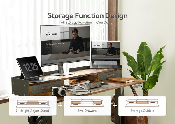 Claiks Electric Standing Desk with Drawers, 120x60cm Height Adjustable Desk with Storage Shelf and Splice Board, Stand Up Desk for Home Office, White Frame/Maple Top