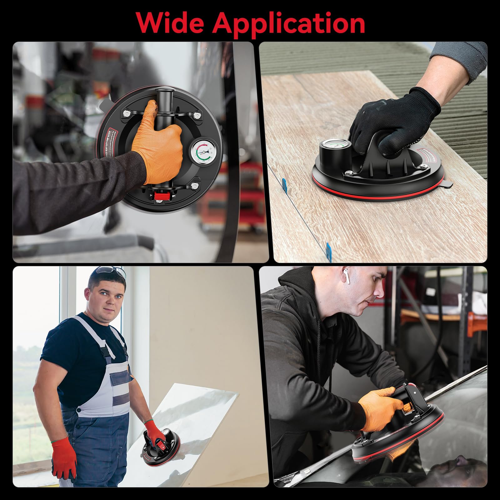 Avhrit 8-Inch Tile Suction Cups Lifter with Pressure Gauge, 485 lbs/220 kg Load Capacity, Heavy Duty Glass Vacuum Suction Cup for Replacing Auto Windshields, Tiles, Granite, and Floors (Two Cups)