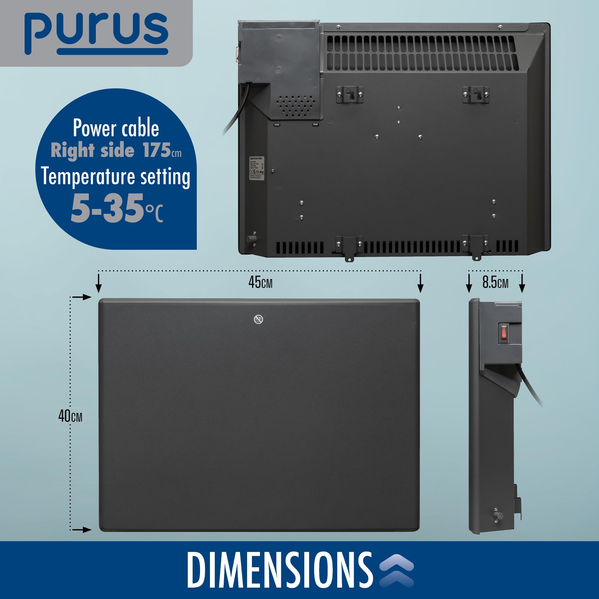 Purus 600W Grey Electric Radiator Heaters for Home, Bathroom Safe Electric Heater Setback Timer Lot 20 & Advanced Thermostat Control Wall Mounted or Floor Standing Low Energy Panel Heater