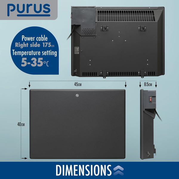 Purus 600W Grey Electric Radiator Heaters for Home, Bathroom Safe Electric Heater Setback Timer Lot 20 & Advanced Thermostat Control Wall Mounted or Floor Standing Low Energy Panel Heater