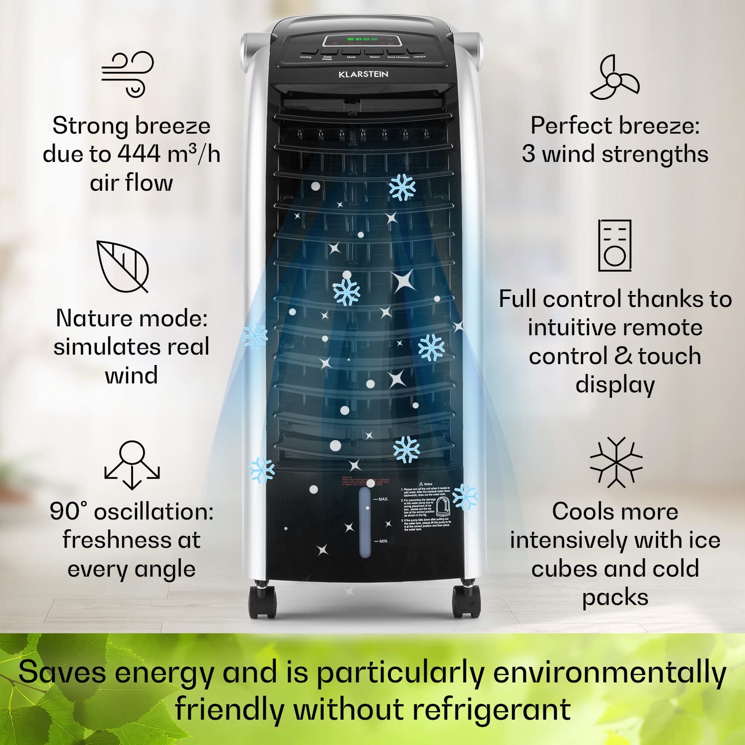 Klarstein 65W Portable Air Cooler, 4-In-1 Evaporative Air Coolers for Home, Silent with Night Mode, Humidifier, Ventilator, Small Water Cooler, 6 L Ice Fan Portable Cooler, 444m³/h Air Flow, White