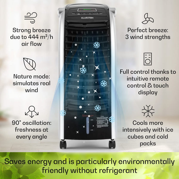 Klarstein 65W Portable Air Cooler, 4-In-1 Evaporative Air Coolers for Home, Silent with Night Mode, Humidifier, Ventilator, Small Water Cooler, 6 L Ice Fan Portable Cooler, 444m³/h Air Flow, White