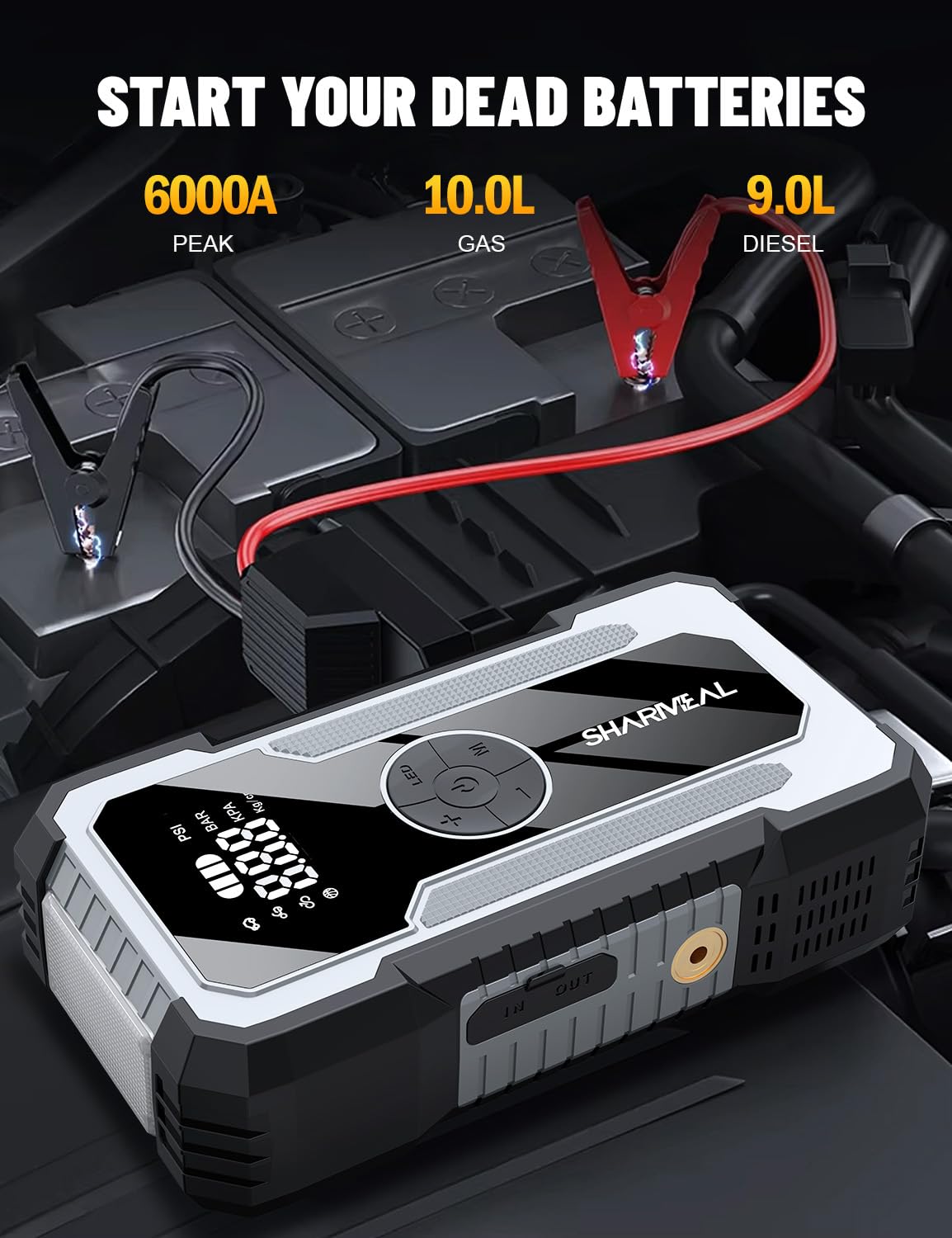 SHARMEAL 6000A Portable Car Battery Booster (all Gas/10L Diesel), Jump Starter Power Pack with 150PSI Air Compressor, 12V Car Jump Starter Power Bank with Jump Leads, LCD Screen, Emergency Light
