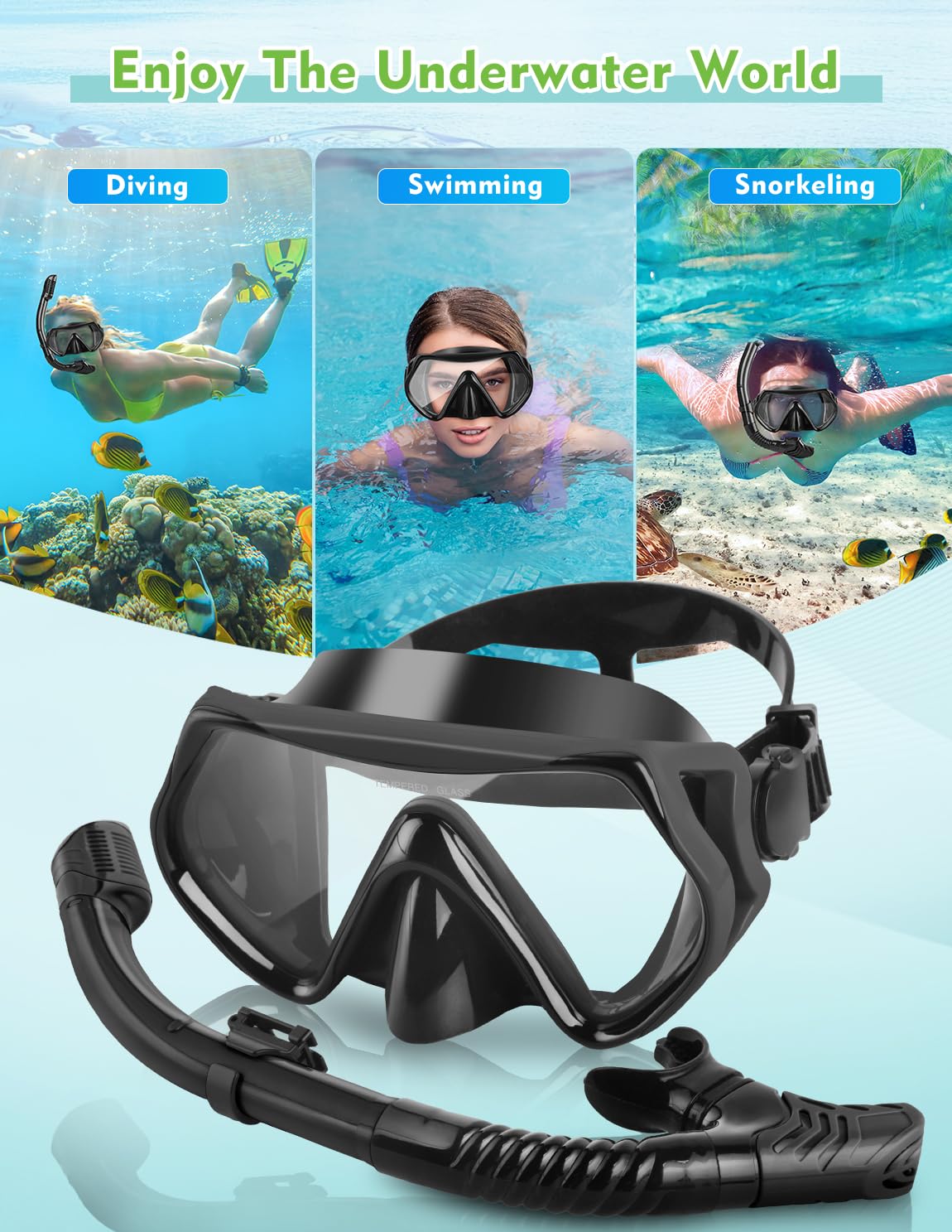 Hydomi Snorkel Set Adults 180° Panoramic Anti-Fog Snorkel Mask with Dry Top Valve, Leak-Proof Tempered Glass Diving Set for Swimming Snorkeling, Travel-Friendly Kit with Adjustable Straps