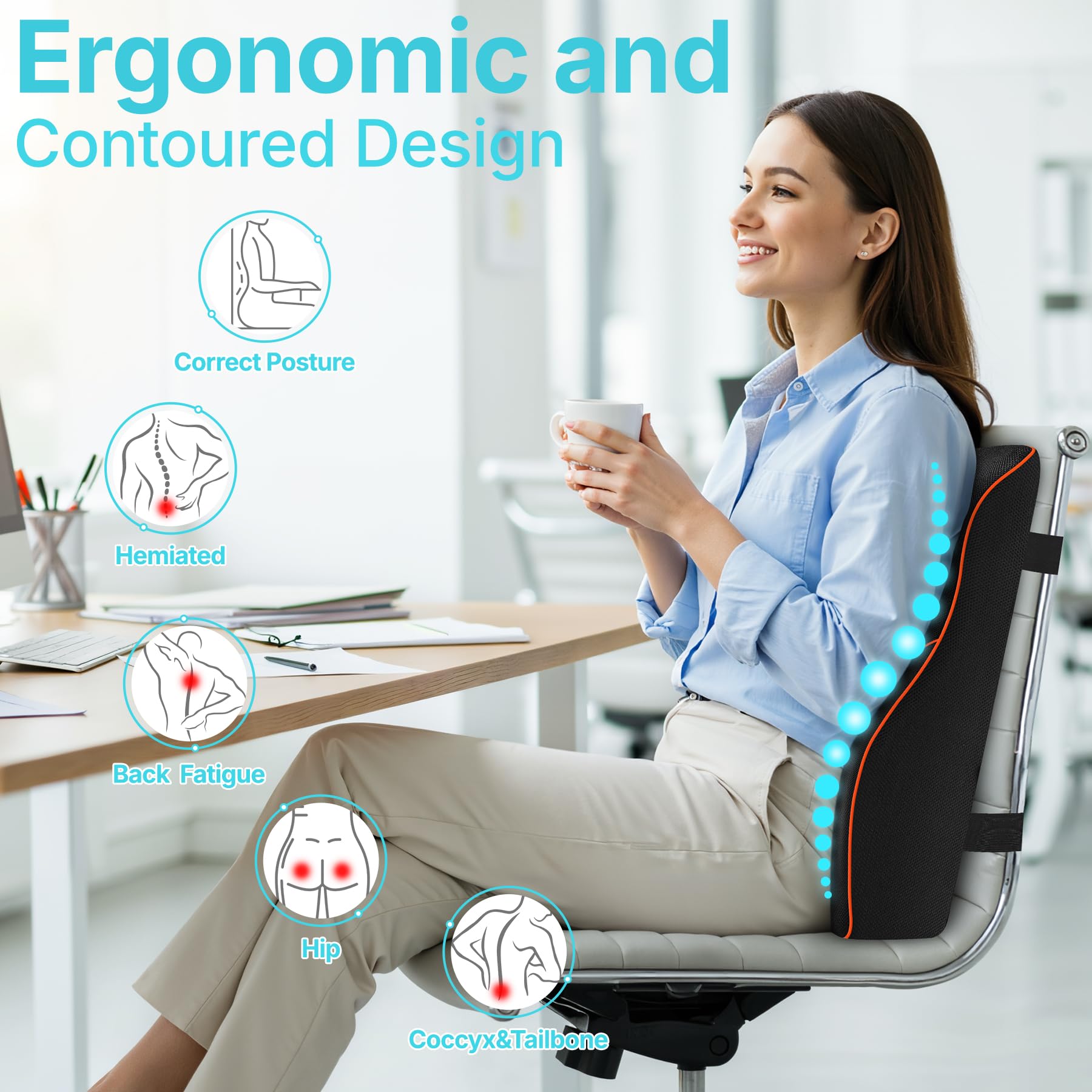 POOTACK Lumbar Support Cushion, Memory Foam Back Support Cushion Lumbar Support for Office Chair, Car Seat, Recliner, with Extension Strap and Mesh Cover