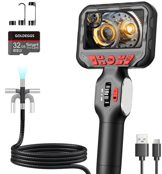 GOLDEGGS Two-Way Articulating Endoscope Inspection Camera with Light, IP67 Waterproof Flexible Snake Borescope Camera for Wall/Automotive/Sewer/Air Conditioner/Home Appliance Repair with (5.2FT/1.5M)