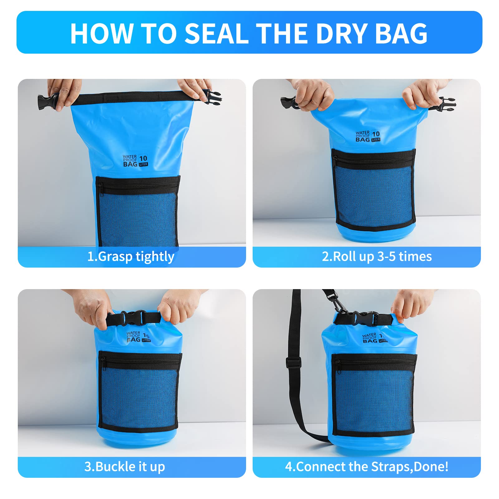 Bojury Waterproof Dry Bag Backpack 30L with Mesh Pocket Adjustable Strap - Roll Top Portable Dry Sack for Kayaking Boat Tour Canoe Swimming Snow Boarding-Blue Fishing Rafting