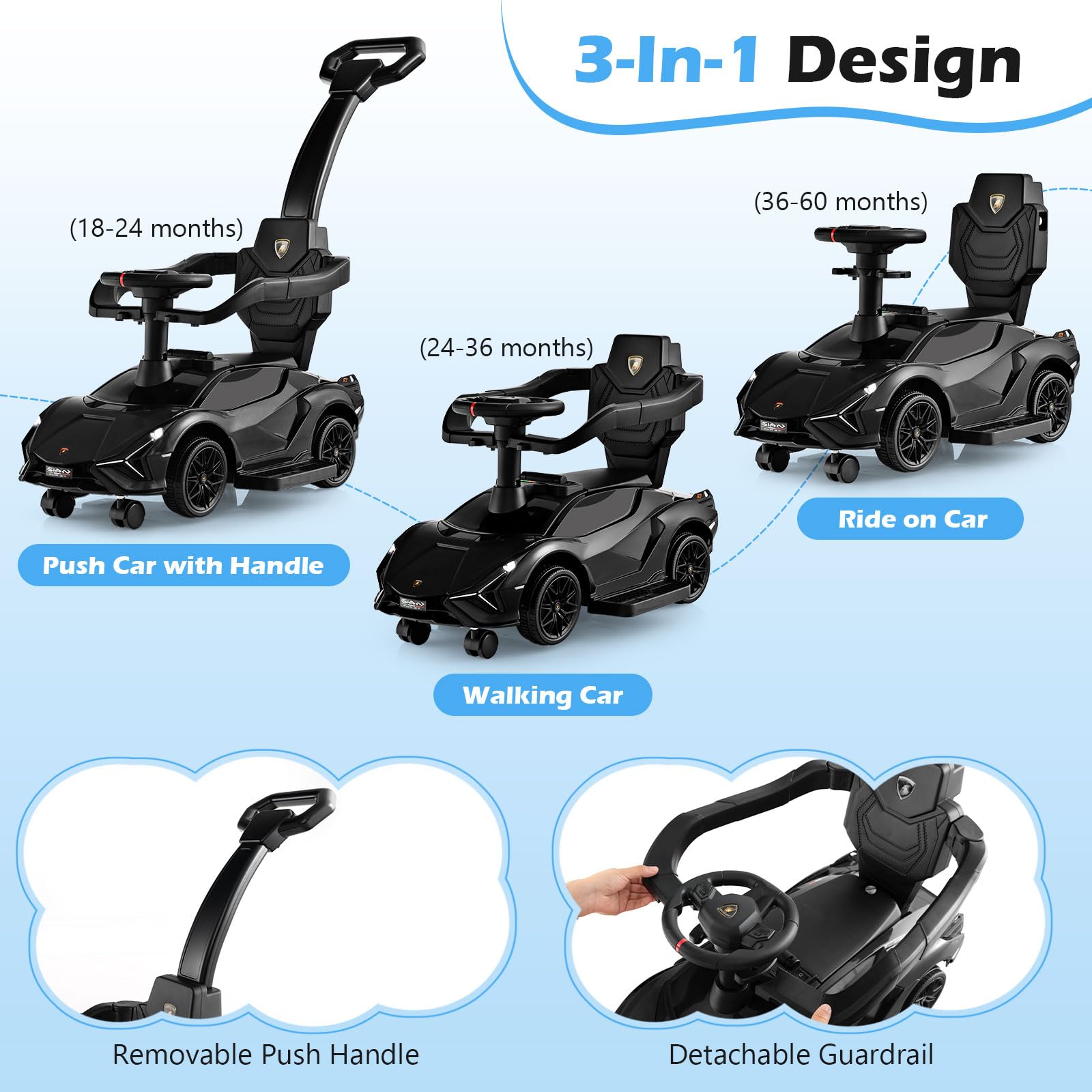 GYMAX 3 in 1 Kids Ride on Push Car, Licensed Lamborghini Push Along Car with Handle, Guardrails, USB Port, Music & Lights, Underneath Storage, Toddler Sliding Toy for 18-60 Months Boys Girls (Black)