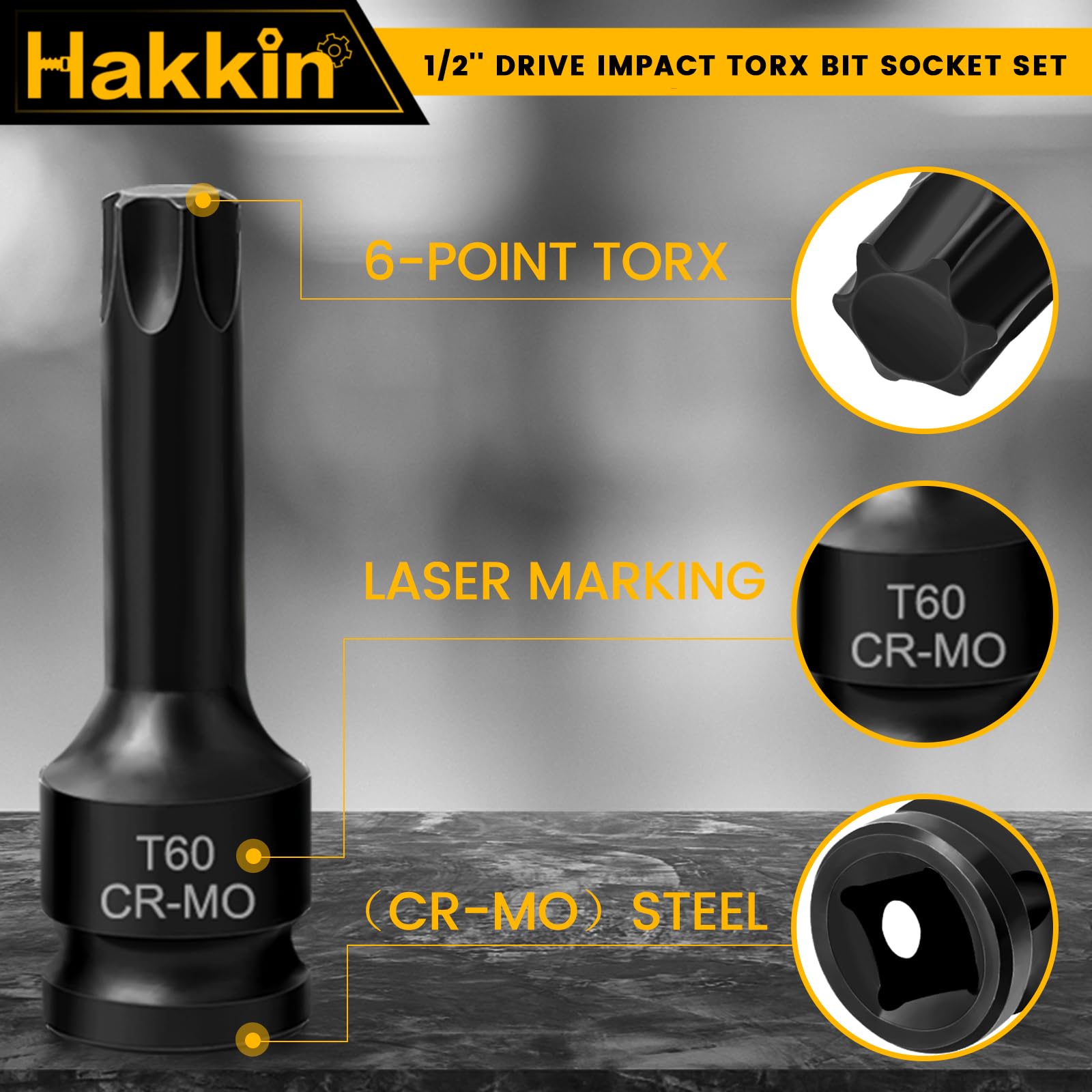 Hakkin 1/2" Impact Torx Bit Socket Set Heavy Duty Impact Star Bit Socket Set with Universal Joint T30 T40 T45 T50 T55 T60 T70 T80