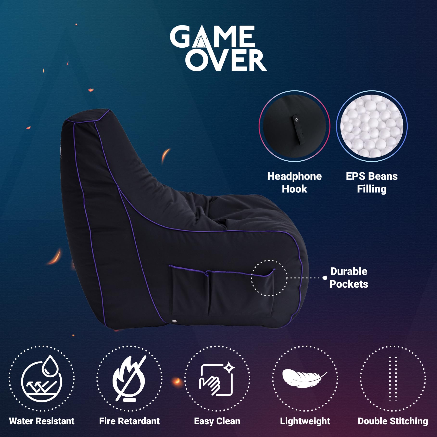 Game Over Lich Blade Video Gaming Bean Bag Chair | Indoor Living Room | Side Pockets for Controllers | Headset Holder | Ergonomic Design for the Dedicated Gamer