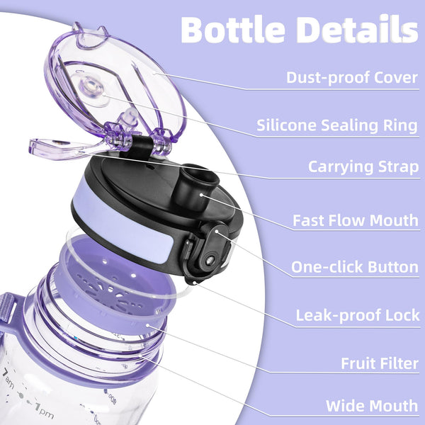 OLDLEY 1L/32oz Sports Water Bottle, 1000ml Motivational Drinks Bottle with Time Markings Leak Proof Drink & Lock Cover & No Straw, BPA Free for Adults Women Men Gym School Cycling Running Hiking