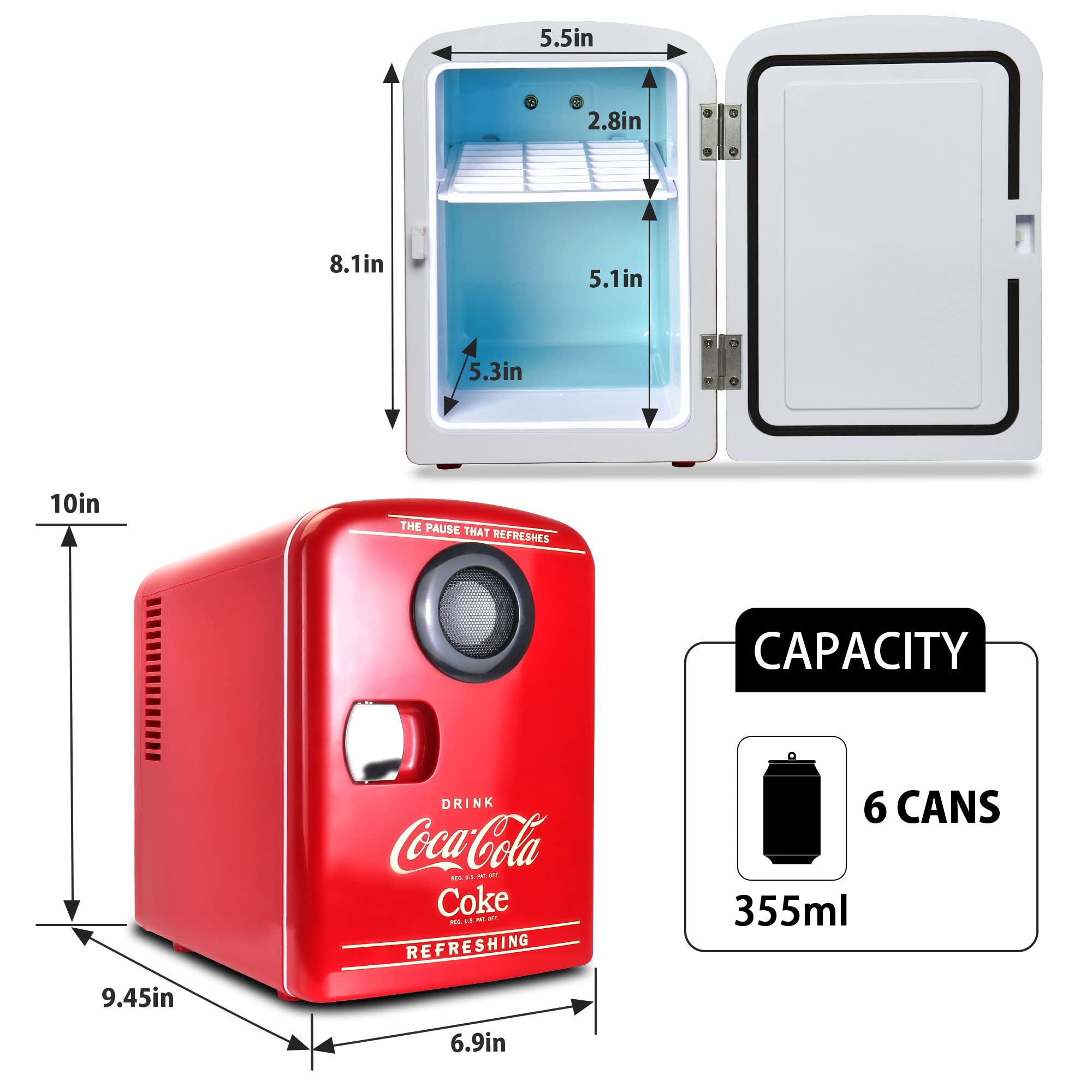 Coca Cola Mini Fridge For Bedrooms 5L Retro Vending Machine Style Cool Box 10 Can Quiet Mini Fridges with Display Window For Coke Beverages Food Drinks Home 12v Portable Cooler Box, Red