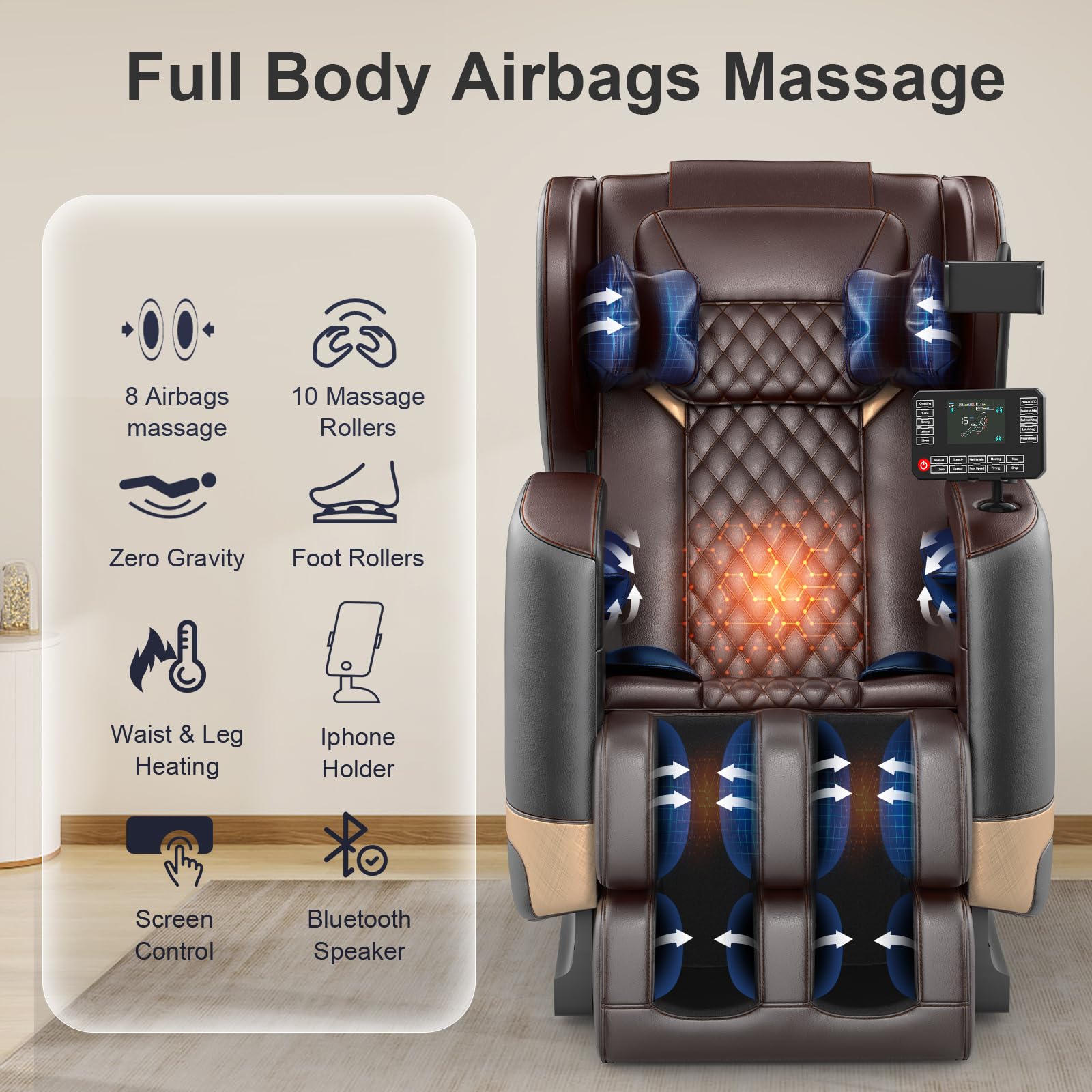 2025 Upgrade Massage Chair, Full Body Massage Chair with 10 Fix Points, Heating, Foot Massage, Auto Modes, Bluetooth Speaker, Touch Screen Controller, Zero Gravity Home Office