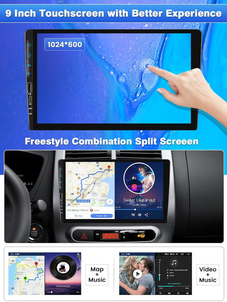 2GB+32GB Android Car Stereo Single DIN Wireless Apple Carplay Android Auto Mirror Link, 9 Inch Touch Screen Car Radio with Sat Nav WiFi Type-C USB Port Bluetooth Reverse Camera Stereo Head unit Radio GPS WiFi MP5