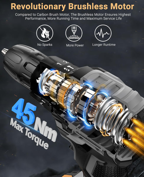 DYJPOW Brushless Cordless Hammer Drill Driver 21V, 2 Batteries 2000mAh, 20+3 Torque, 45N.m Max, 14PCS Drill Bits, 2 Speed, LED Light for Home, Garden DIY