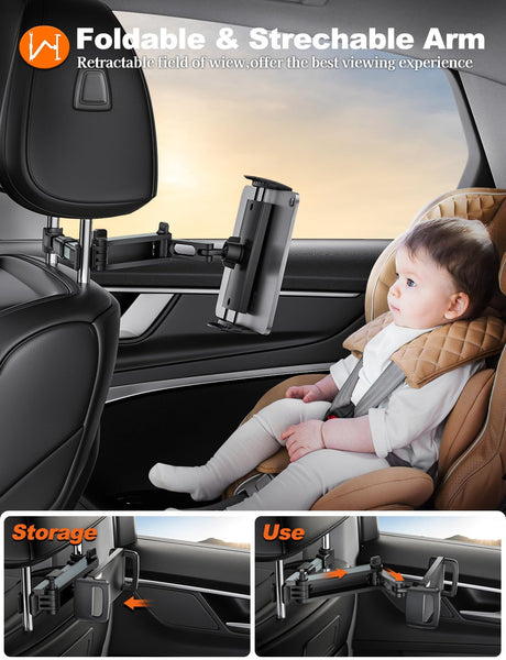 TRYONE Car Headrest Tablet Holder Mount Stretchable Backseat Tablets Stand for Kids, Car Seat Mounts Compatible with iPad Pro 12.9 Air Mini, iPhone, Galaxy Tab, Switch, All 4.7-12.9" Screen Devices