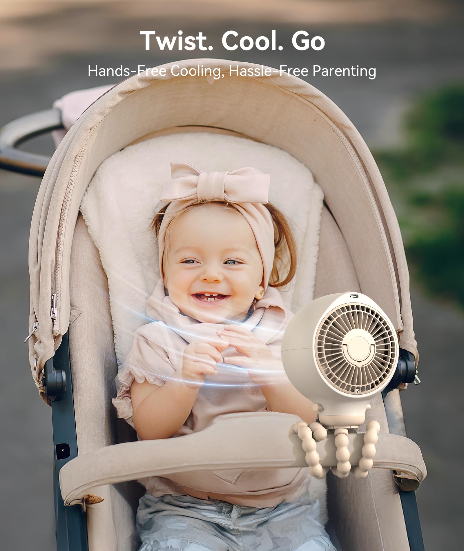 Dreamegg Baby Pram Fan - Portable Clip On Fan for Stroller with Hidden Blade & Child Lock, 4 Speeds With Eco Mode, Night Light, LED Display, USB Rechargeable for Car Seat & Crib, Ideal Baby Gift
