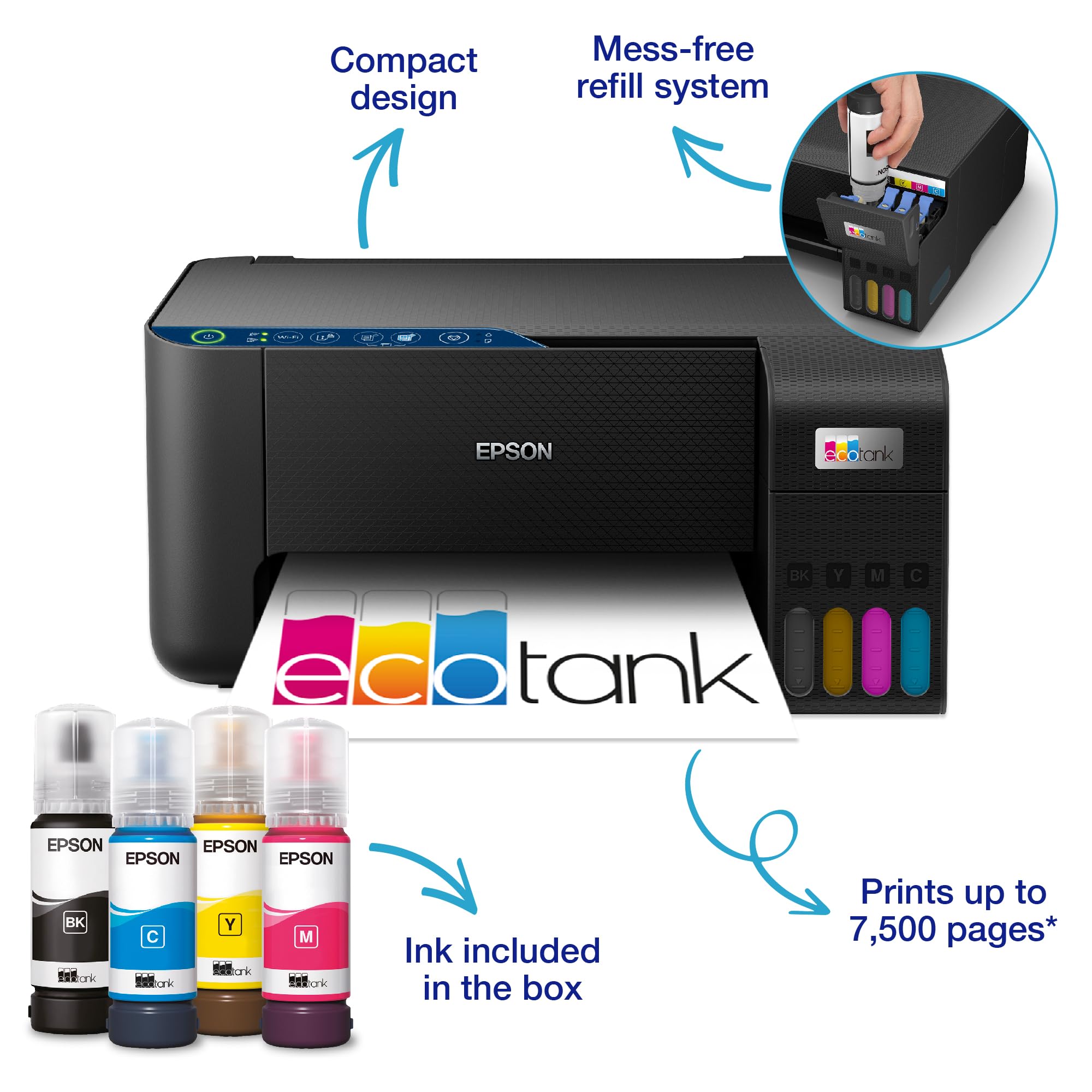 Epson EcoTank ET-2850 A4 Multifunction Air Print and Wi-Fi Ink Tank Printer with double sided printing, Up To 3 Years Of Ink Included