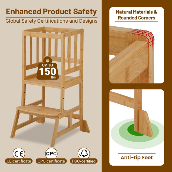 COSYLAND Height Adjustable Kids Kitchen Step Stool with Anti-tip Support Corners - Kids Standing Tower for Kitchen Counter, Bathroom, Nursery (Black)