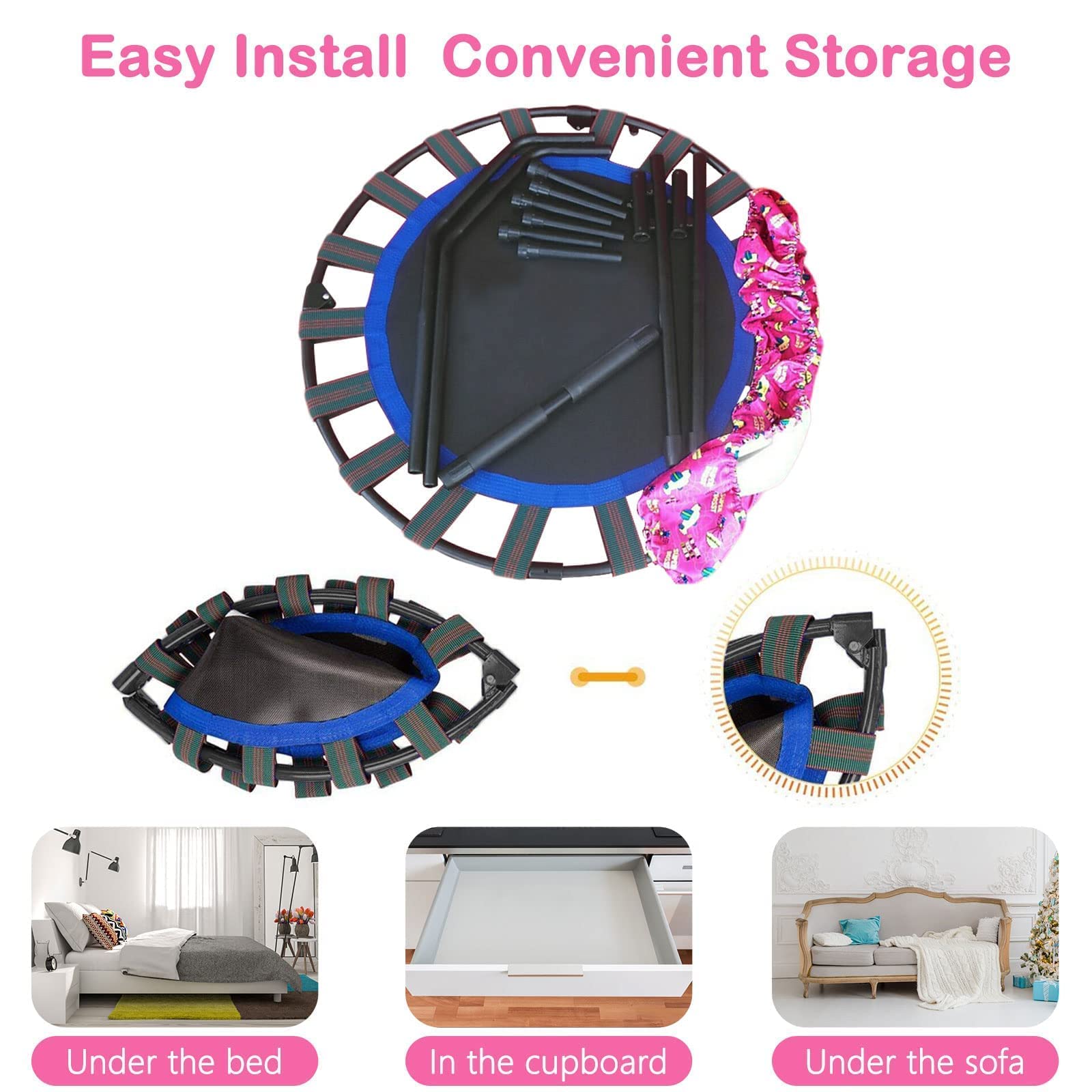 36'' Kids Trampoline Mini Foldable Trampoline with Adjustable Foam Handrail & Safety Padded Protective Cover Fitness Exercise Bungee Rebounder Jumper