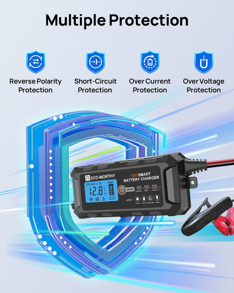 ECO-WORTHY 12V 10A LiFePO4 Battery Charger Automatic Smart and Maintainer (UK Plug) with LCD Display for Scooter Lead Acid and Lithium (LiFePO4) Battery