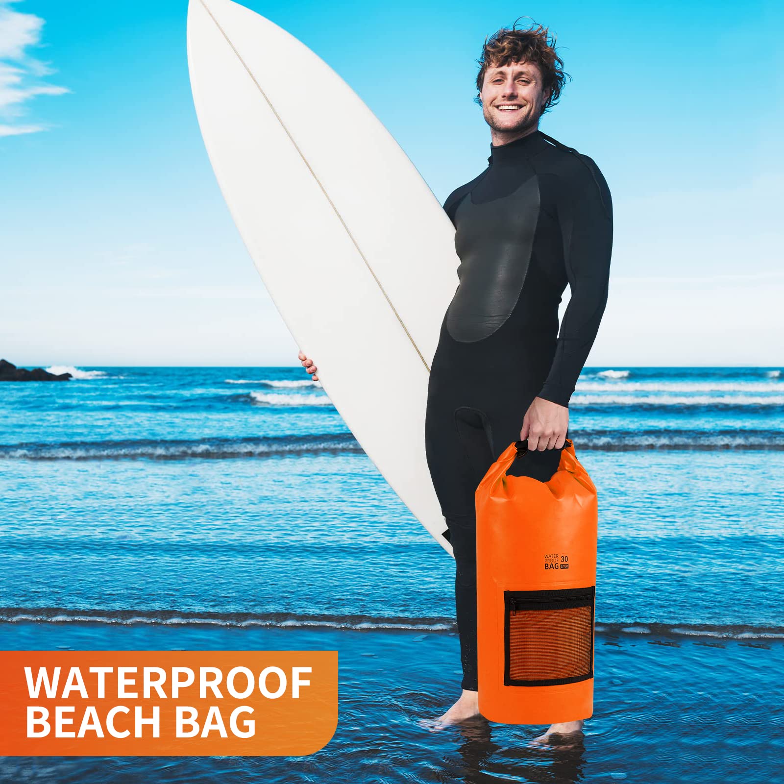 Bojury Waterproof Dry Bag Backpack 30L with Mesh Pocket Adjustable Strap - Roll Top Portable Dry Sack for Kayaking Boat Tour Canoe Swimming Snow Boarding-Blue Fishing Rafting