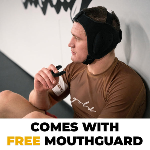Gold BJJ Headgear for Jiu Jitsu, Wrestling, and MMA - Cauliflower Ear Protection: One Size Fits All, Reinforced Velcro Chin Strap - Bonus Mouthguard
