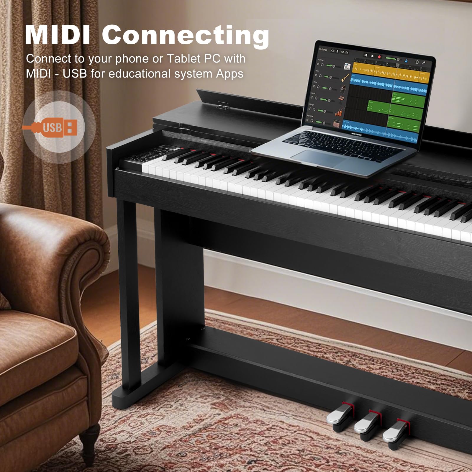 MUSTAR Digital Piano 88 Weighted Keys, Full Size 88 Key Piano Keyboard Semi Weighted, Home Electric Piano with Furniture Stand and Triple Pedal, Music Stand, USB MIDI, White