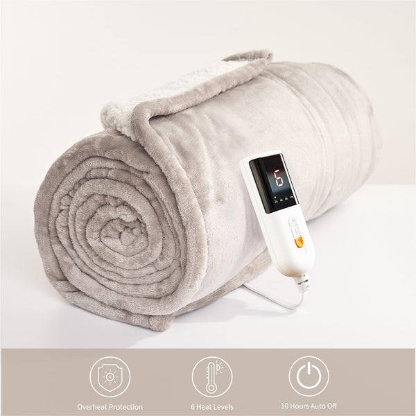 GOTCOZY Heated Blanket Electric Throw 130x160cm -Soft Silky Plush Heated Blanket with 6 Heat Settings & 10 Hours Auto-Off Timer For Home Office Use