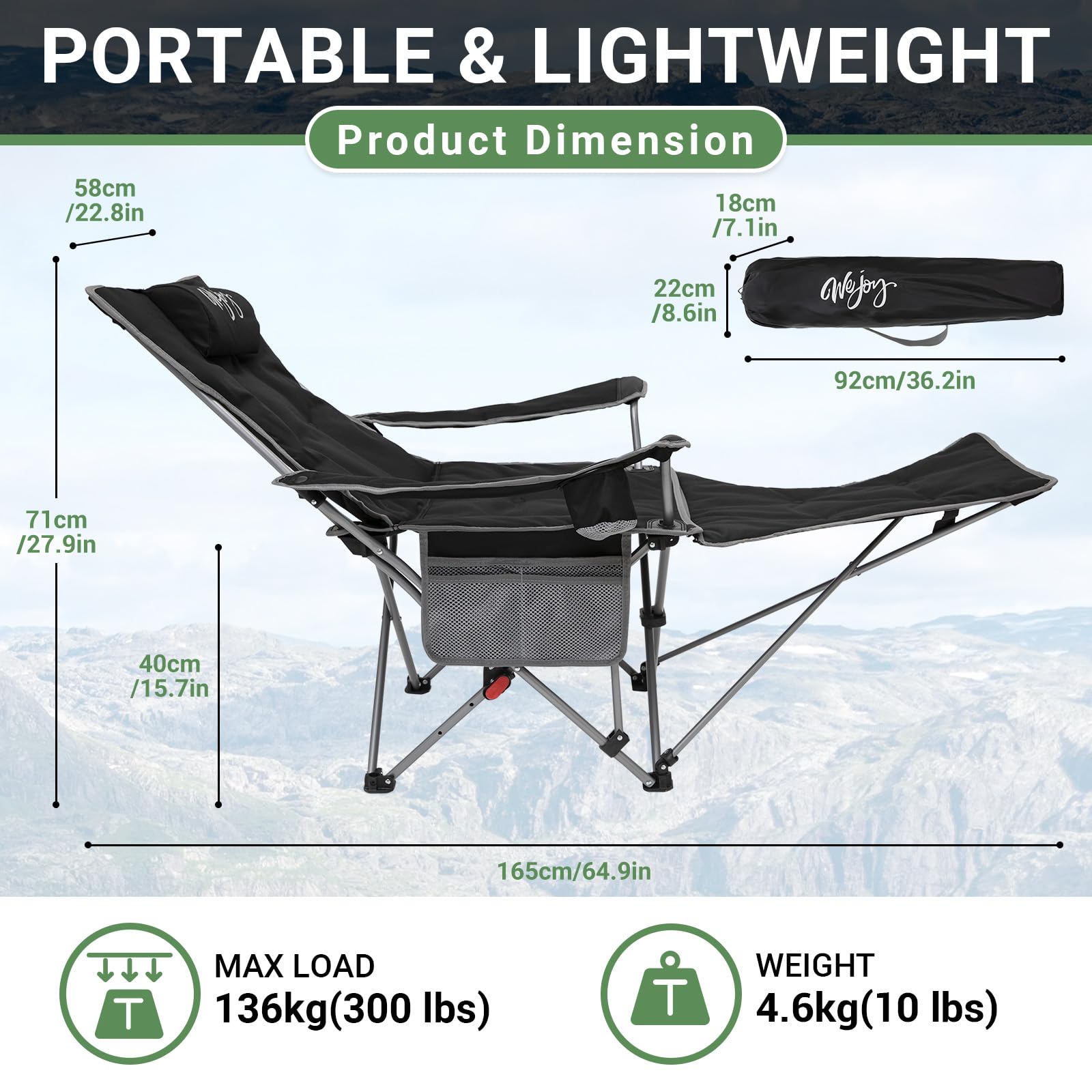 #WEJOY Camping Chairs Folding Recliner Chair Adjustable with Detachable Footrest Headrest Cup Holder Lightweight Portable Reclining Camp Chair Fold Up Chair for Outdoor Beach Garden, Cyan Set of 2