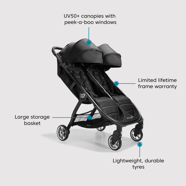 Baby Jogger City Tour 2 Double Travel Pushchair | Lightweight, Foldable & Portable Double Buggy | Pitch Black