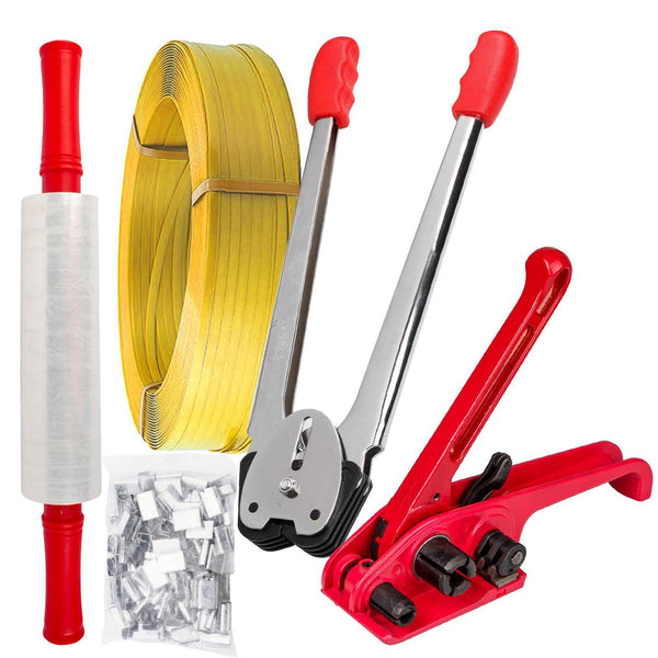 Complete Hand Pallet Packaging Strapping Kit with Tools, 200m PP Band, Metal Seals, and Edge Protectors for Secure Packing