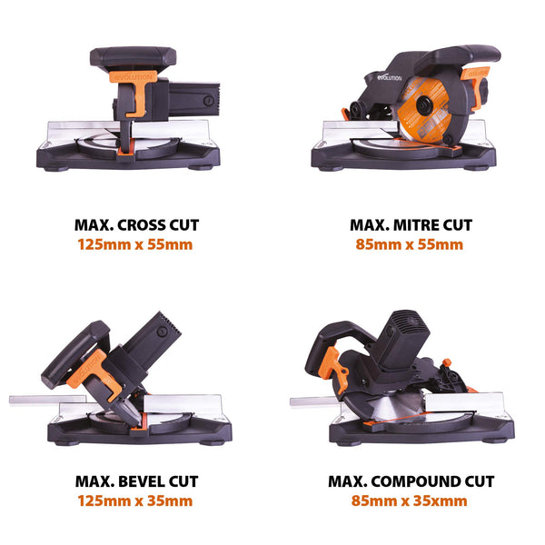 Evolution Power Tools R210CMS Compound Miter Saw Multi-Material Cutting TCT Blade Included Cuts Wood Metal Plastic & More, 45° - 45° Degree Miter & 45˚ Degree Bevel Angles, 1200W, 210mm