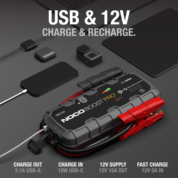 NOCO Boost Pro GB150 3000A UltraSafe Car Jump Starter, Jump Starter Power Pack, 12V Battery Booster, Portable Powerbank Charger, and Jump Leads for up to 9.0-Liter Petrol and 7.0-Liter Diesel Engines